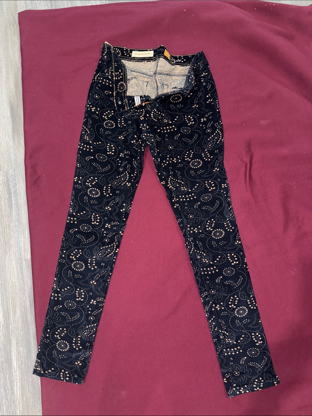 Pilcro and the Letterpress Navy Blue Velvet Skinny Pants with Gold Pattern